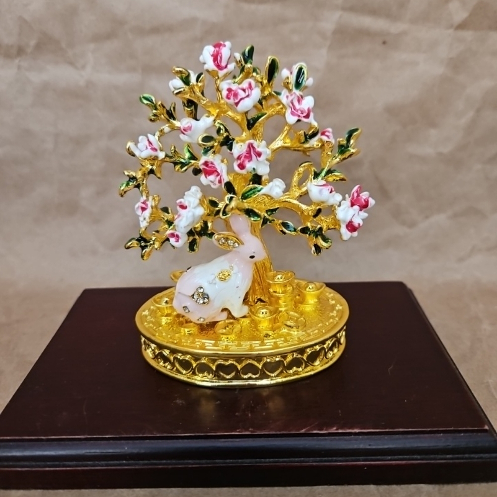 Rabbit Cherry Blossom Tree Enamel Trinket Box
